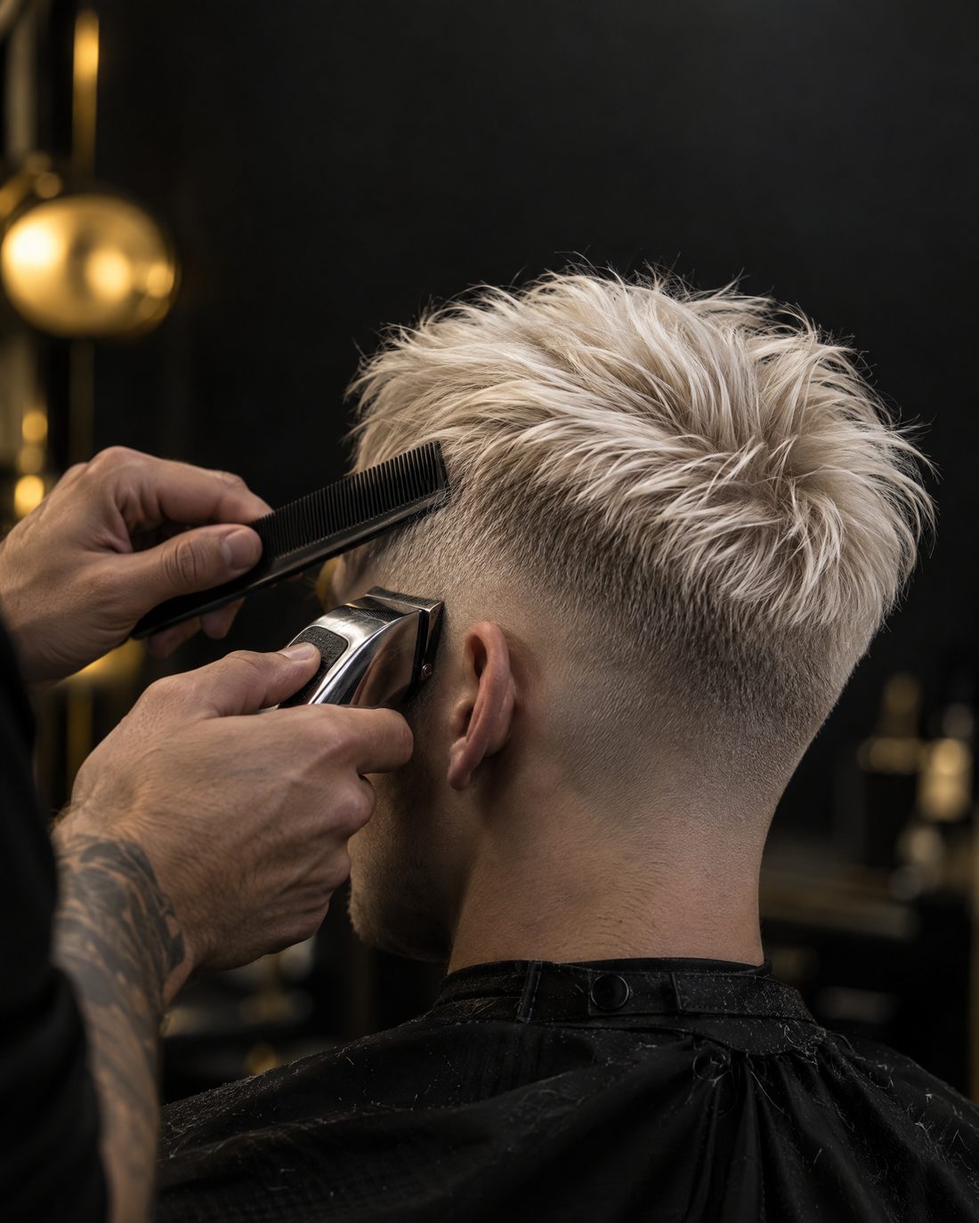Imagem conceitual sobre técnicas de cabelo platinado; não é registro de aula ou aluno da RF Barber Club.
